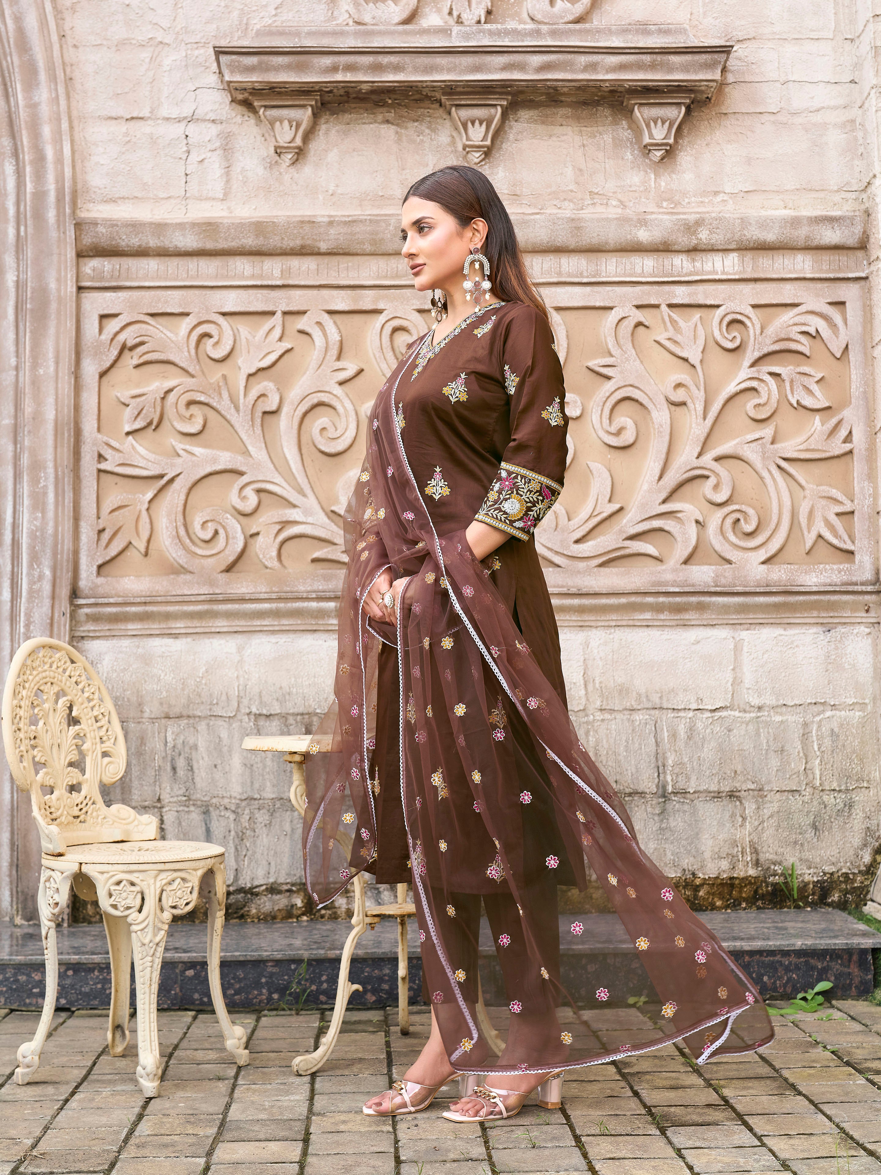 Brown color cotton with colourful thread embroidered kurta & trouser with dupatta set